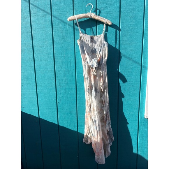 Boho Me Dresses & Skirts - Romantic Boho Me Tie Dye Ruffle Midi Dress Blue Peach Smocked Tie Front High Low